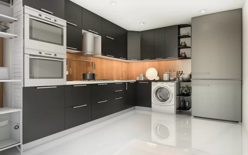 L-Shaped black modular kitchen